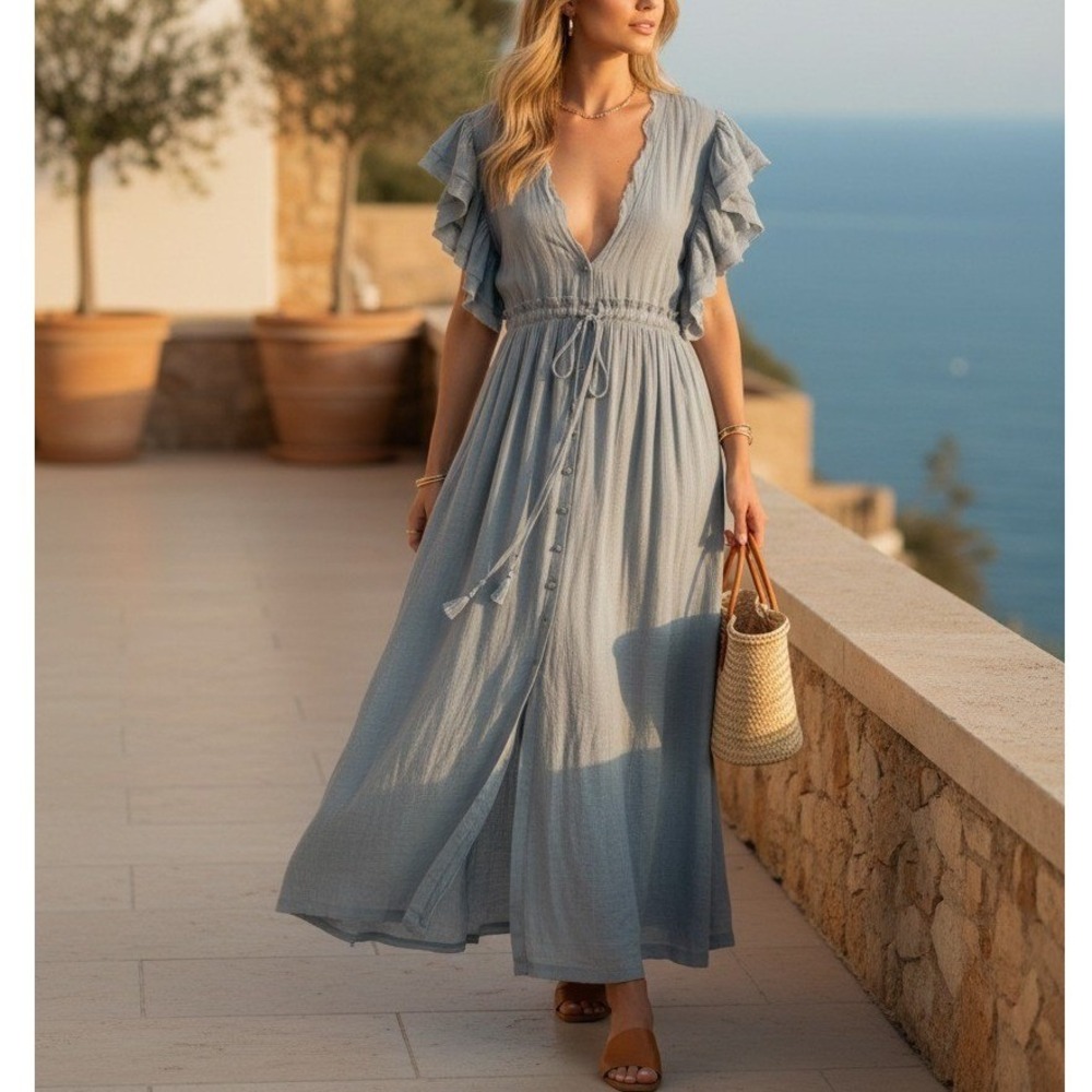 Cottagecore Maxi Dress L Dusty Blue Flutter Sleeve Empire Waist Fairy Romantic